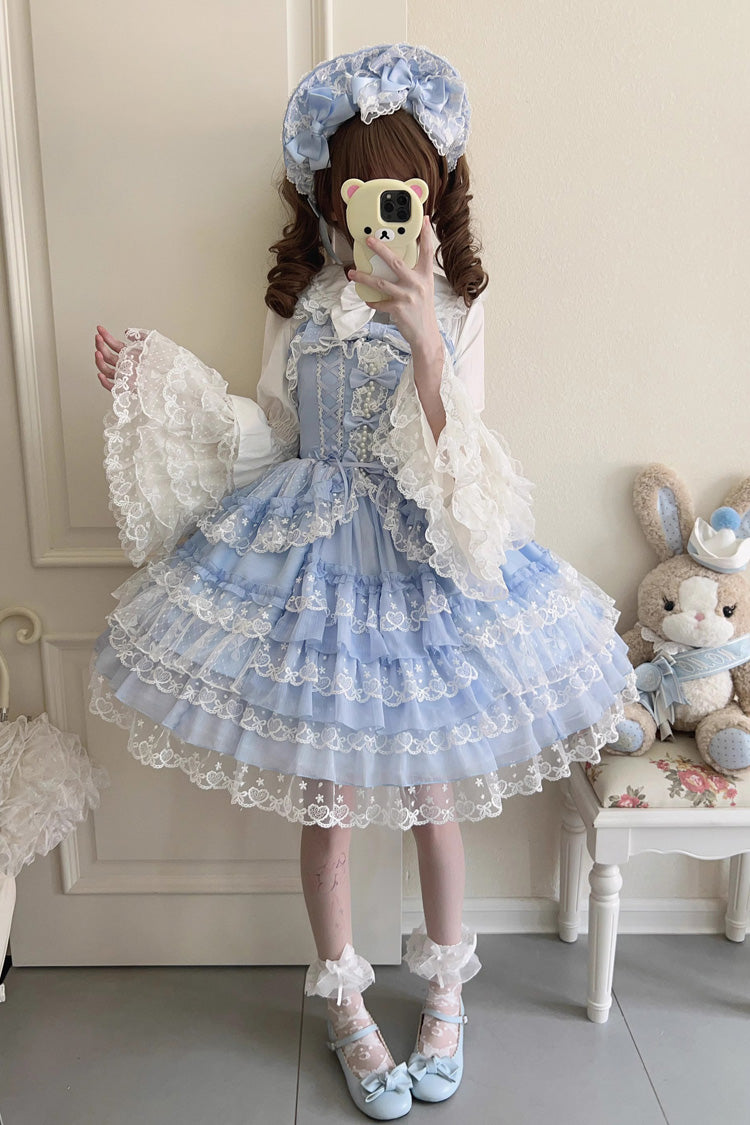 Blue [Love Overture] Multi-Layered Ruffle Bowknot Lace Sweet Lolita Jsk Dress - Blue - 1