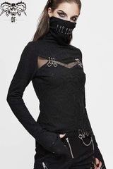 Black Turtleneck Chest Splice Fine Mesh Pin Decoration Sharp Angle Hem Women's Punk Shirt - Product - 3