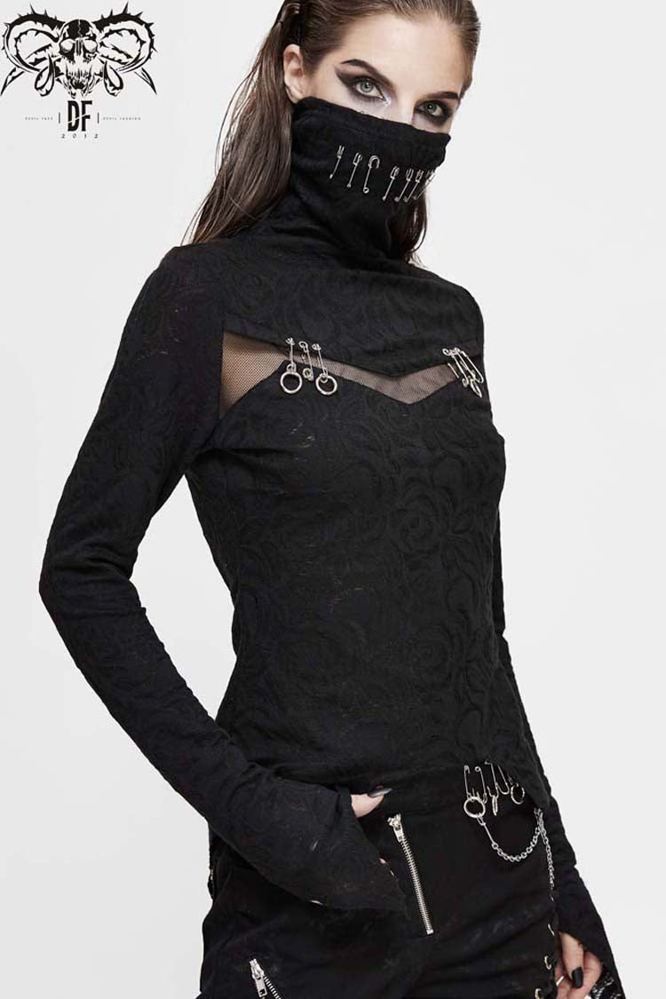Black Turtleneck Chest Splice Fine Mesh Pin Decoration Sharp Angle Hem Women's Punk Shirt - Product - 3