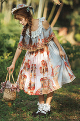 Multi-Color European Architectural Oil Painting Print Off Shoulder Short Sleeves Bowknot Sweet Lolita Dress - Product - 8