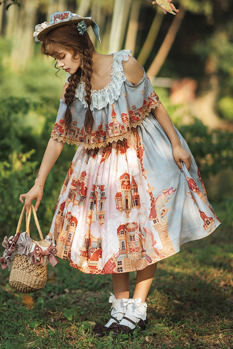 Multi-Color European Architectural Oil Painting Print Off Shoulder Short Sleeves Bowknot Sweet Lolita Dress - Product - 8