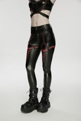 Black/Red Cut-Out Spliced Eyelet Mesh Women's Punk Leggings - Product - 6