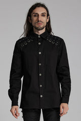Black Lapel Collar Long Sleeves Rings Men's Punk Blouse - Black - 1