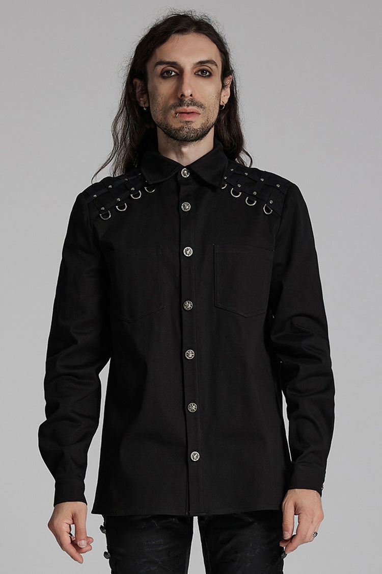 Black Lapel Collar Long Sleeves Rings Men's Punk Blouse - Black - 1