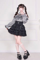 Jirai Kei Off Shoulder Long Sleeves Print Bowknot Lace-Up Sweet Japanese Blouse 3 Colors - Product - 8