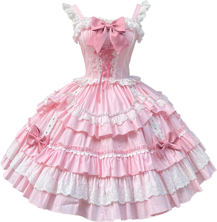 Pink pastel Sweet Lolita layered ruffle lace bow JSK dress
