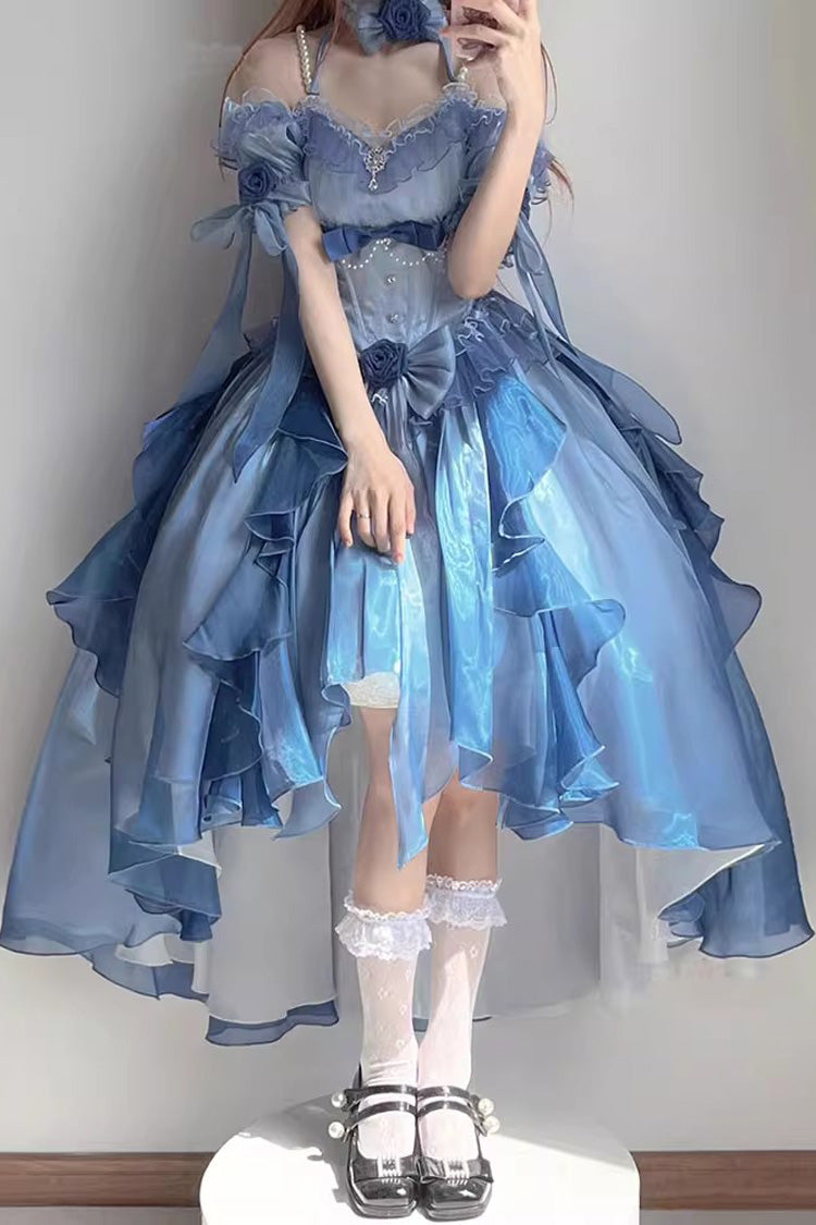 Blue Short Sleeves Hanayome Bowknot Sweet Elegant Princess Lolita Dress - Blue - 1