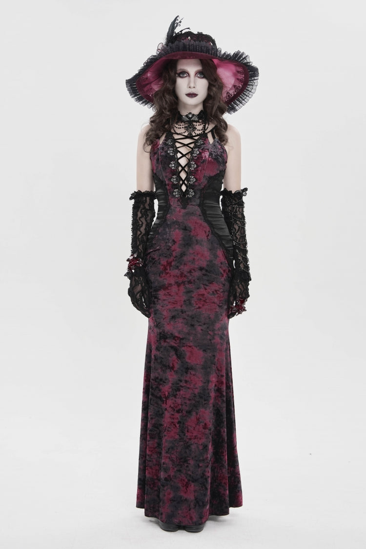 Black/Red Off Shoulder Halterneck Printed Hanayome Lace Lace-Up Slim Pleated Women's Gothic Jsk Dress - Product - 2