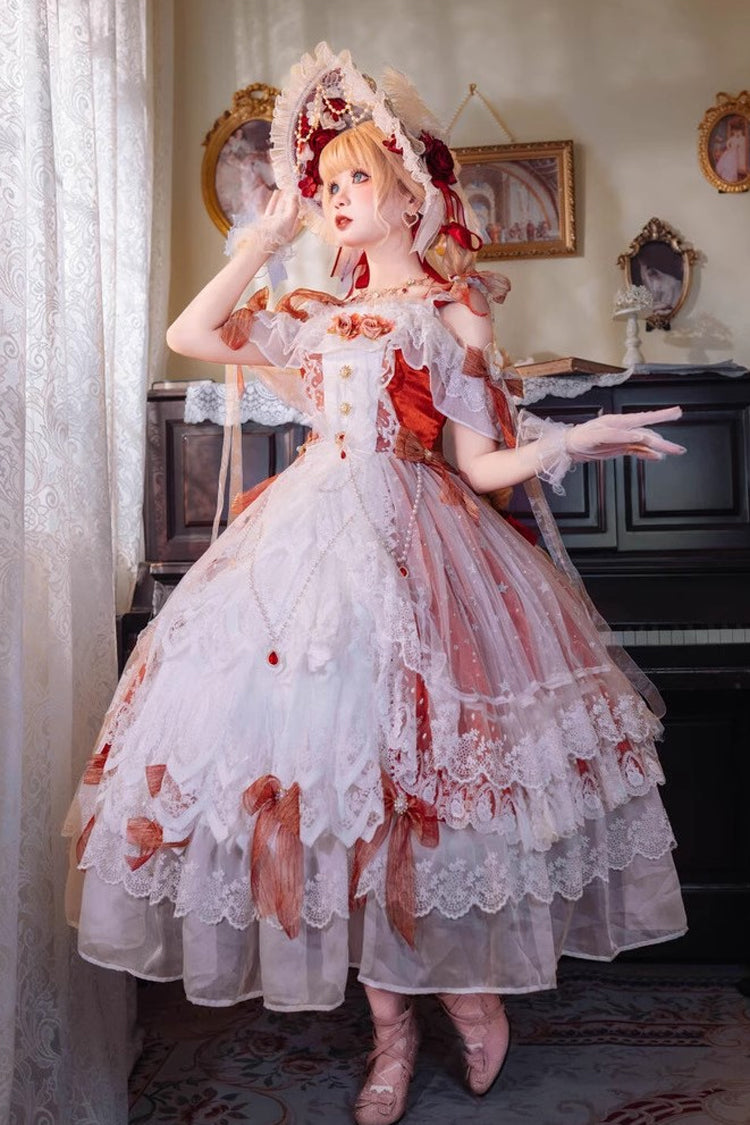 Red [Glazed Phantom] Off Shoulder Ruffle Hanayome Bowknot Lace Sweet Elegant Lolita Dress - Product - 7