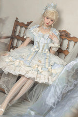 Light Blue [Girls' Day] Short Sleeves Multi-Layered Ruffle Bowknot Lace Sweet Lolita Dress 2 Versions - Product - 6