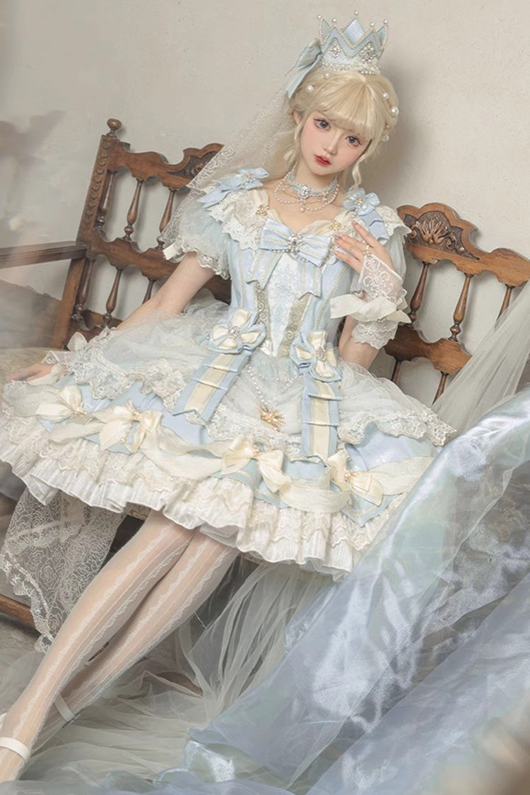 Light Blue [Girls' Day] Short Sleeves Multi-Layered Ruffle Bowknot Lace Sweet Lolita Dress 2 Versions - Product - 6