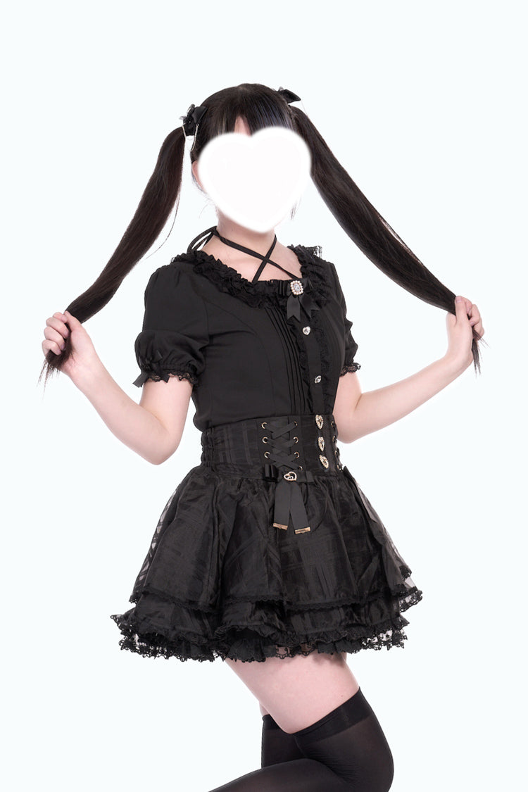 [Love Hanabi] Triple-Layered Bowknot Lace-Up Organza Sweet Jirai Kei Japanese Skirt 3 Colors - Product - 3