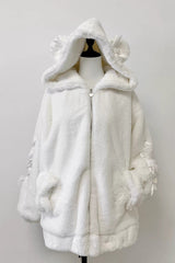 [Sleepy Bear Fluffy] Bear Ears Long Sleeves Bow Lace-Up Hooded Zippered Sweet Jirai Kei Japanese Coat - White - 5