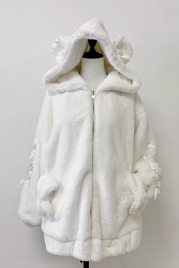 [Sleepy Bear Fluffy] Bear Ears Long Sleeves Bow Lace-Up Hooded Zippered Sweet Jirai Kei Japanese Coat - White - 5