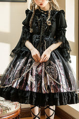 Black Ancient Mythology Angel Wings Print Mesh Stitching Bowknot Ruffled Gothic Lolita Jsk Dress - Black - 1