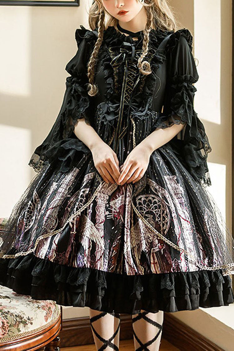Black Ancient Mythology Angel Wings Print Mesh Stitching Bowknot Ruffled Gothic Lolita Jsk Dress - Black - 1