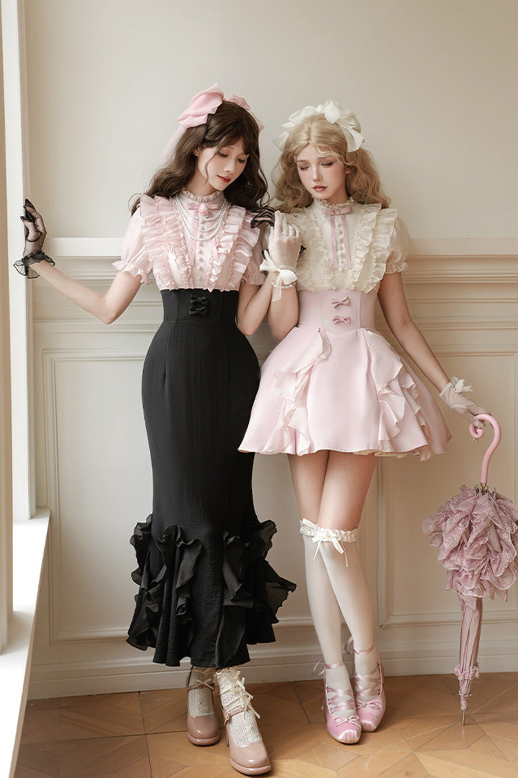 Pink/Apricot [Miss Lola] Stand Collar Short Sleeves Ruffle Bowknot Sweet Lolita Dress - Product - 8