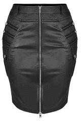 Black Slim Faux-Leather Elasticity Knitted Fabric Pocket Decoration Metal Zipper Sexy Short Women's Plus Size Punk Dress - Product - 5