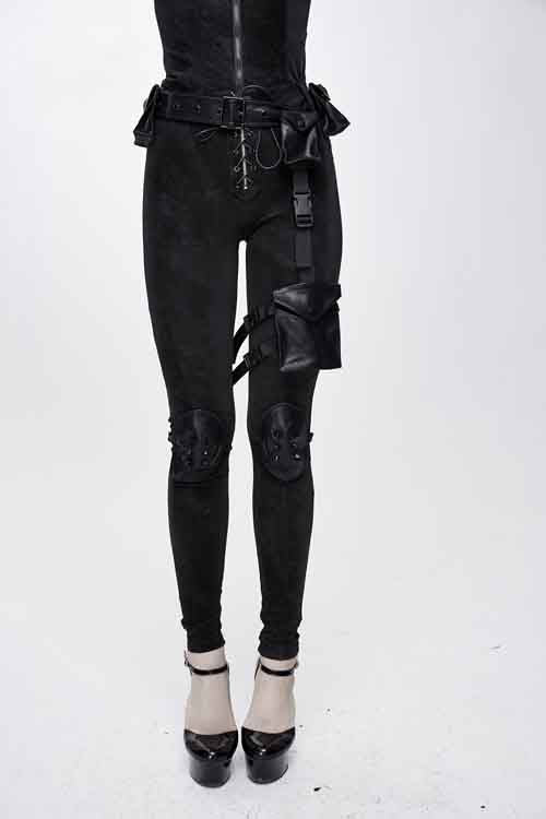 Dark Pattern Punk Stretchy Fitted Womens Pants With Bags - Black - 1