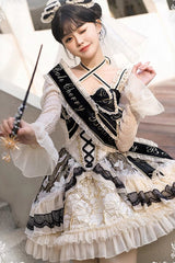 Black/Gold [Lilibet] Print Ruffle Cardigan Bowknot Lace Fishbone Sweet Lolita Dress - Product - 5