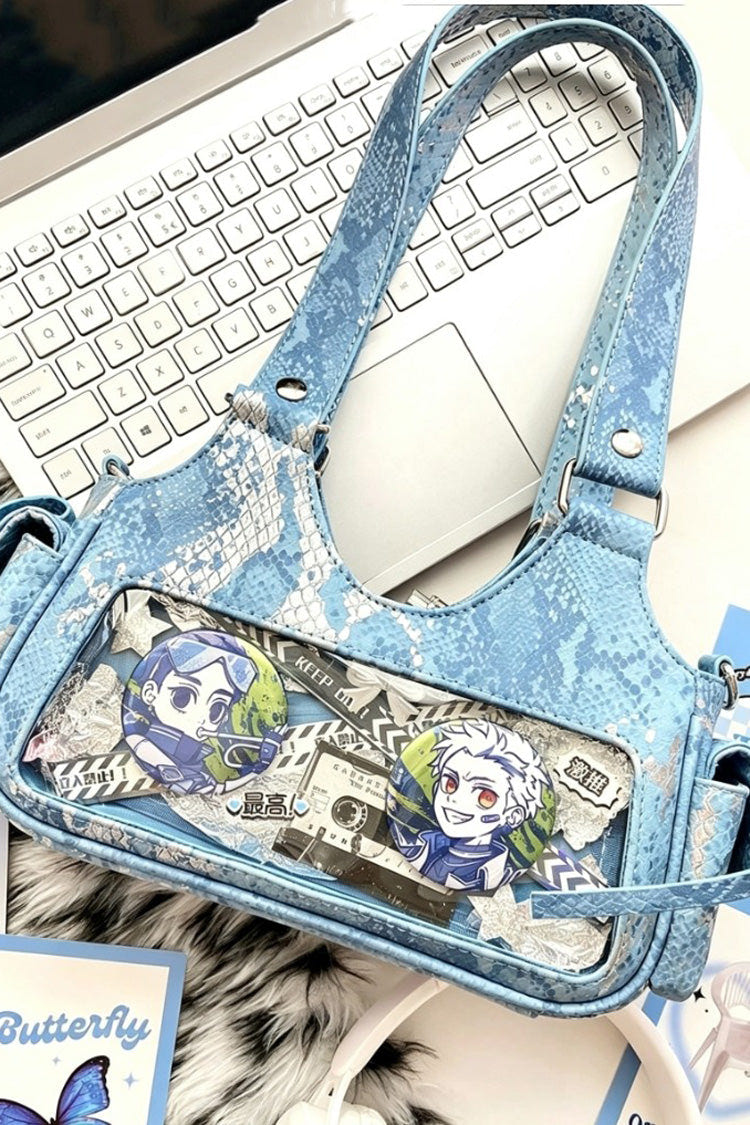 Y2K Bow Snake Print Sweet Lolita Hobo Crossbody & Shoulder Ita Bag 3 Colors - Blue - 2
