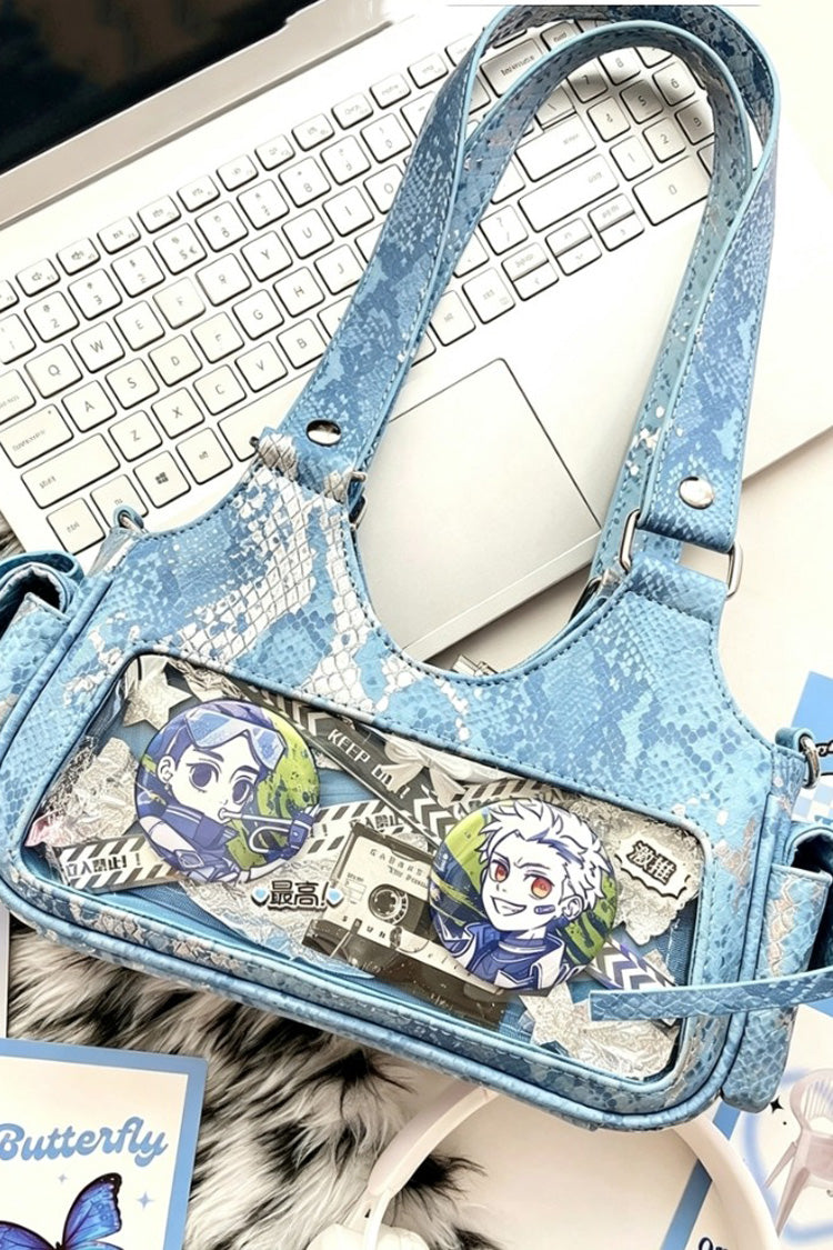 Y2K Bow Snake Print Sweet Lolita Hobo Crossbody & Shoulder Ita Bag 3 Colors - Blue - 2