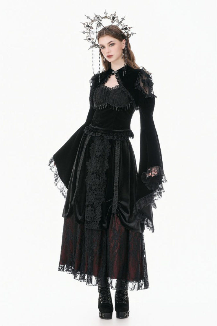 Black Ruffled Lace Long Trumpet Sleeves Floral Sheer Mesh Spliced Velvet Women's Gothic Cape - Product - 8
