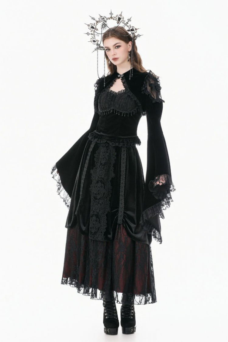 Black Ruffled Lace Long Trumpet Sleeves Floral Sheer Mesh Spliced Velvet Women's Gothic Cape - Product - 8