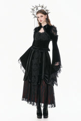 Black Ruffled Lace Long Trumpet Sleeves Floral Sheer Mesh Spliced Velvet Women's Gothic Cape - Product - 8