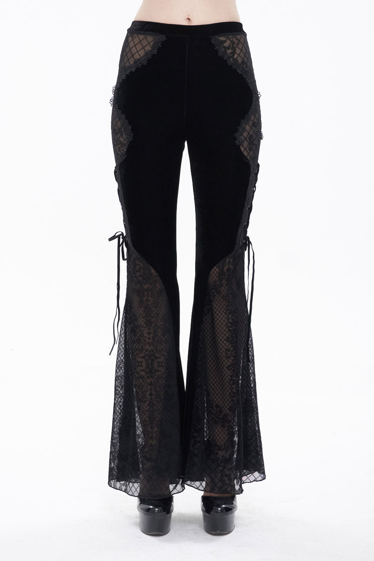 Black Translucent Velvet Jacquard Sexy Panel Lace-Up Plaid Flared Gothic Women's Pants - Black - 1
