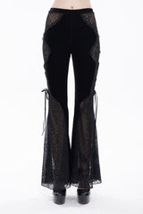 Black Translucent Velvet Jacquard Sexy Panel Lace-Up Plaid Flared Gothic Women's Pants - Black - 1