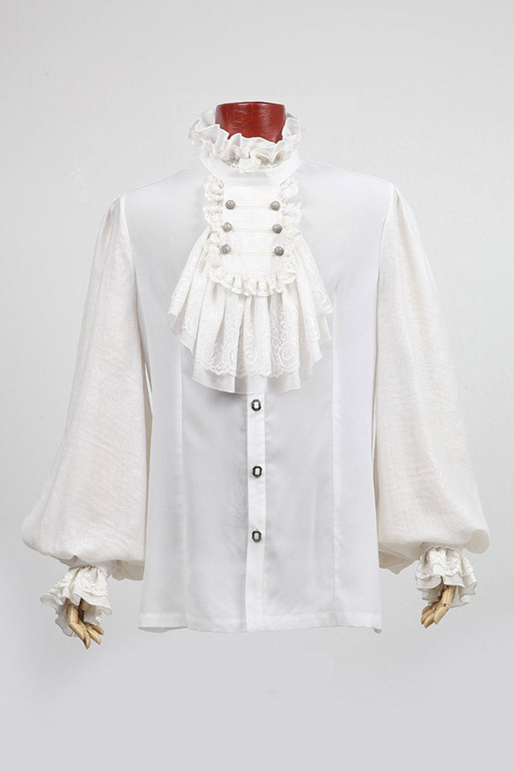 White Stand Collar Retro Button Long Lantern Sleeves Mens Gothic Blouse - Product - 6