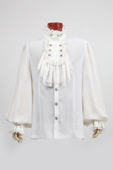 White Stand Collar Retro Button Long Lantern Sleeves Mens Gothic Blouse - Product - 6