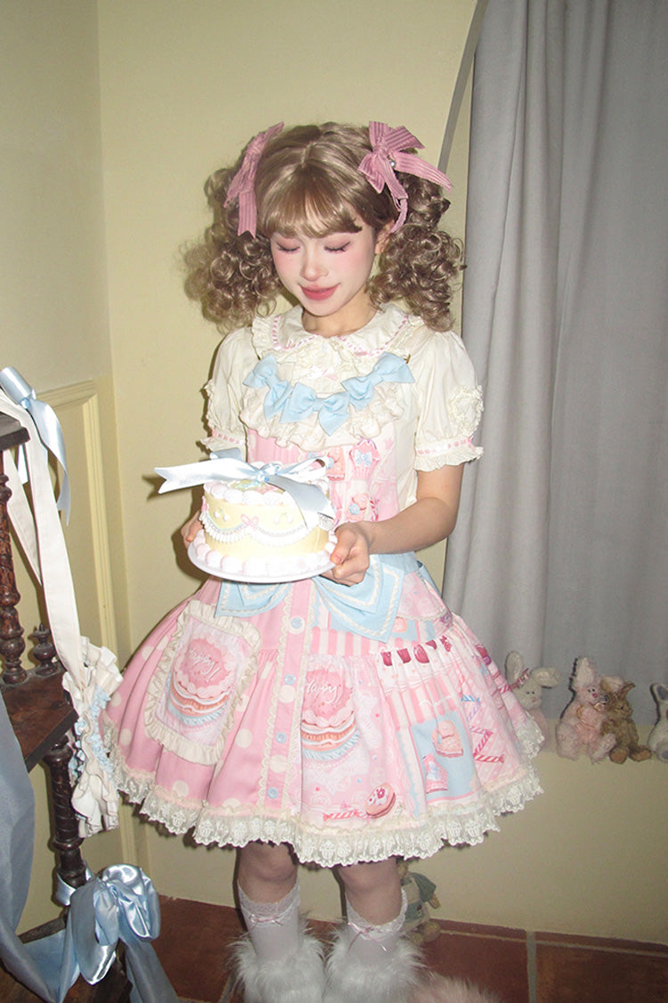 Pink Cake Chocolate Dessert Print Ruffle Bowknot Sweet Lolita Strap Dress - Product - 3
