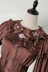[Teddy Bear Chocolate] Round Collar Long Trumpet Sleeves Ruffle Bowknot Sweet Lolita Blouse 3 Colors - Product - 11