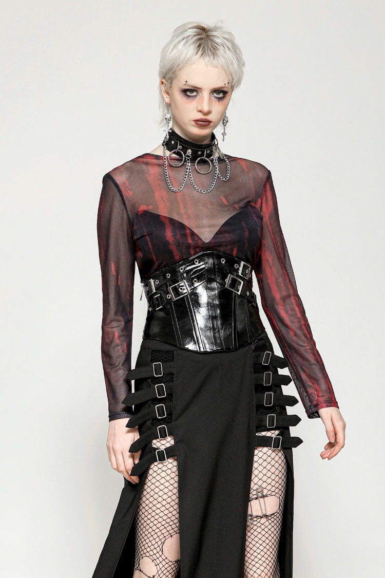 Black/Red Round Collar Long Sleeves Sheer Mesh Tie-dyed Women's Gothic Versatile Basic Top - Product - 5
