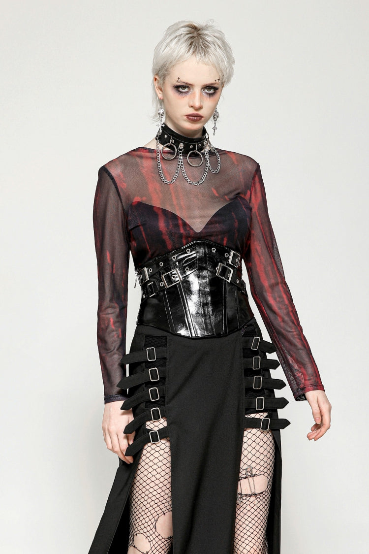 Black/Red Round Collar Long Sleeves Sheer Mesh Tie-dyed Women's Gothic Versatile Basic Top - Product - 5