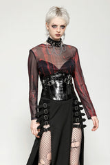Black/Red Round Collar Long Sleeves Sheer Mesh Tie-dyed Women's Gothic Versatile Basic Top - Product - 5