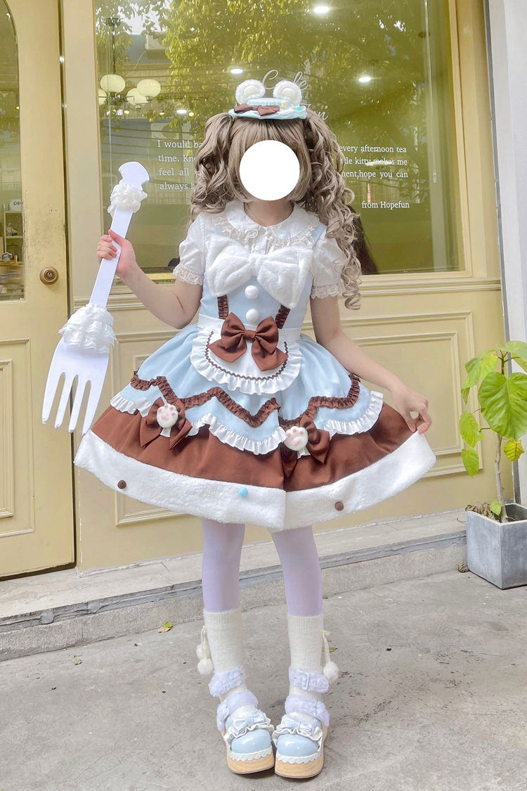Blue/Brown [Cream Snow Cat] Winter Ruffle Bowknot Sweet Lolita Jsk Dress - Product - 5
