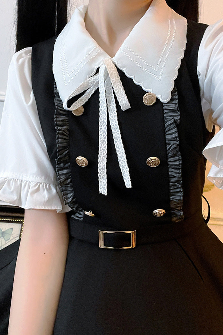 Black Ruffle Bowknot College Style Gothic Lolita Strap Dress - Product - 4