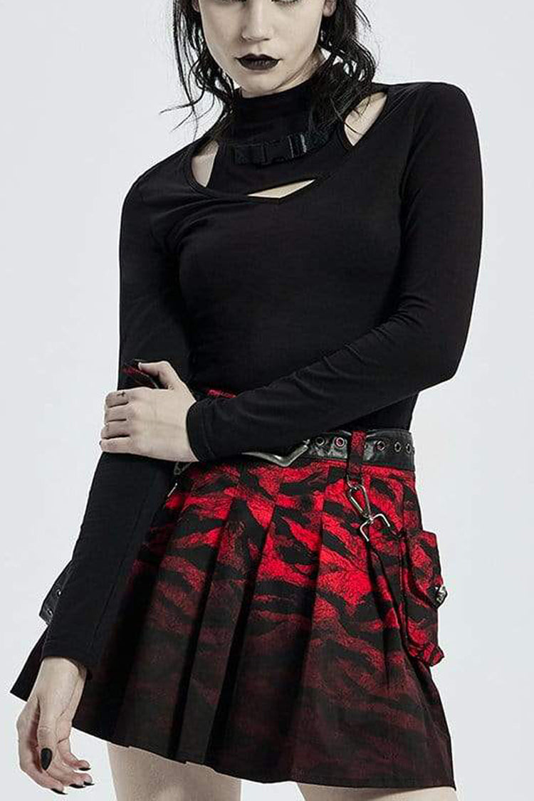 Black Knit High Collar Front Chest Hollow Out Long Sleeve Women's Punk T-Shirt - Black - 1