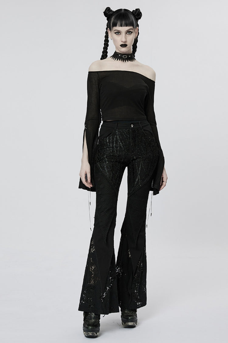 Black Off Shoulder Long Sleeves Metal Chain Women's Gothic T-Shirt - Product - 4