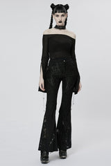 Black Off Shoulder Long Sleeves Metal Chain Women's Gothic T-Shirt - Product - 4