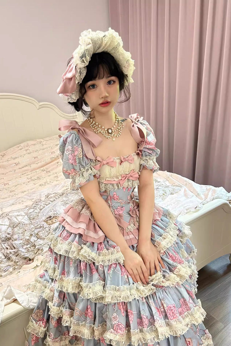 Blue/Pink [Gem Rose] Multi-Layered Ruffle Bowknot Lace Sweet Princess Lolita Skirt 2 Versions - Product - 4