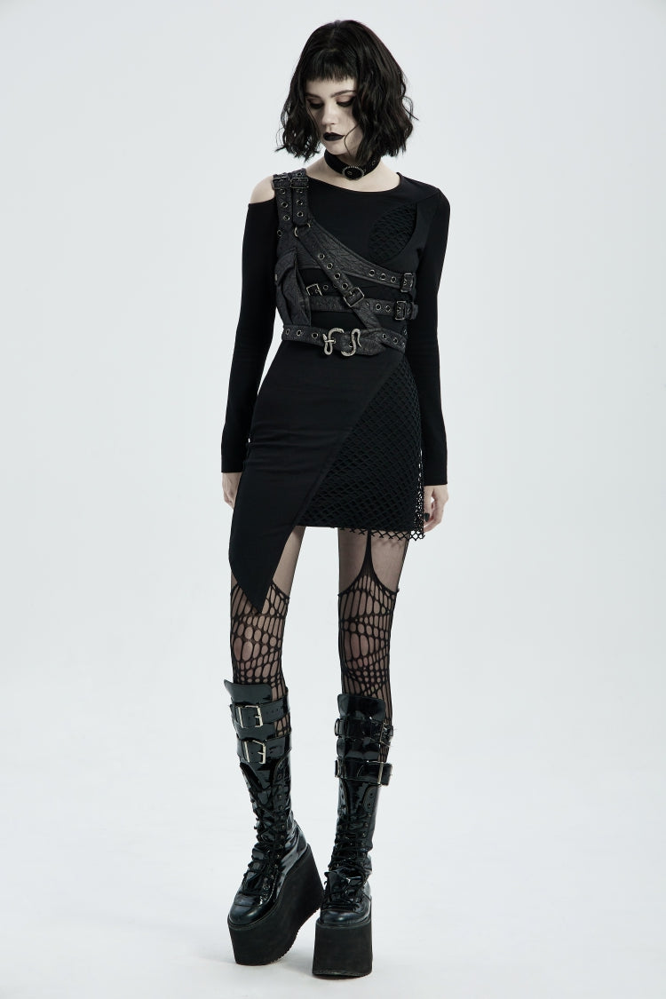 Black Cut-Out Asymmetric Buckled Eyelet Women's Punk Accessory with Pocket - Product - 7