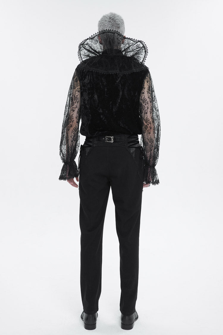 Black Lotus Leaf Stand Collar Semitransparent Lace Long Sleeved Men's Gothic Shirt - Product - 5
