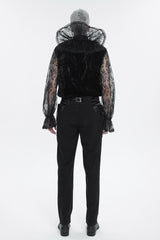 Black Lotus Leaf Stand Collar Semitransparent Lace Long Sleeved Men's Gothic Shirt - Product - 5