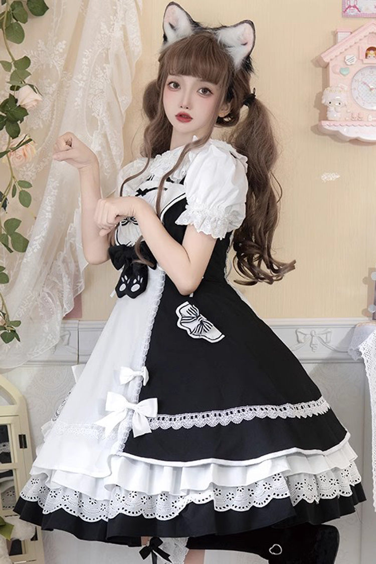 White/Black Cat Print Ruffle Bowknot Maid Sweet Lolita Dress - Product - 6