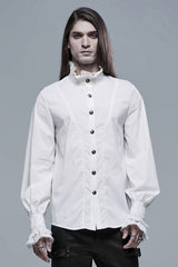 White Stand Collar Lantern Sleeves Slim Men's Gothic Blouse - White - 1