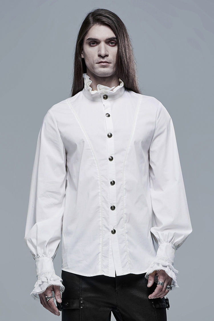 White Stand Collar Lantern Sleeves Slim Men's Gothic Blouse - White - 1